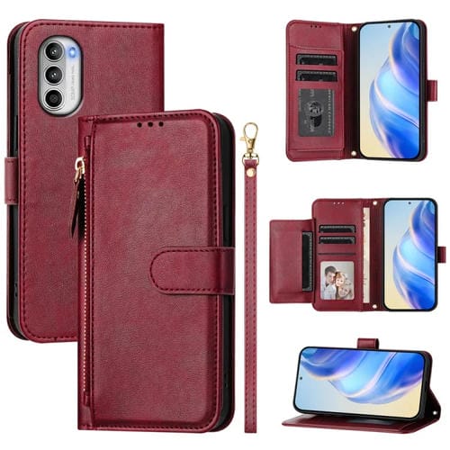 Funda de Cuero con Cremallera y Ranuras para Tarjetas para Motorola Moto G82/G52/G71S (Rojo Oscuro)