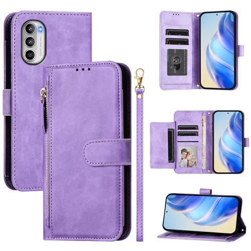 Funda de Cuero con Cremallera y Ranuras para Tarjetas para Motorola Moto G82/G52/G71S (Morado)