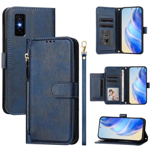 Funda de cuero con cremallera y ranuras para múltiples tarjetas para Infinix GT 30 Pro (azul)