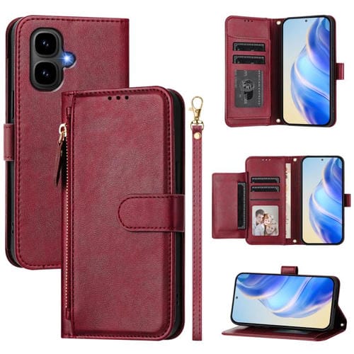 Funda de cuero con cremallera para Infinix Smart 10 4G con ranuras para múltiples tarjetas (rojo oscuro)