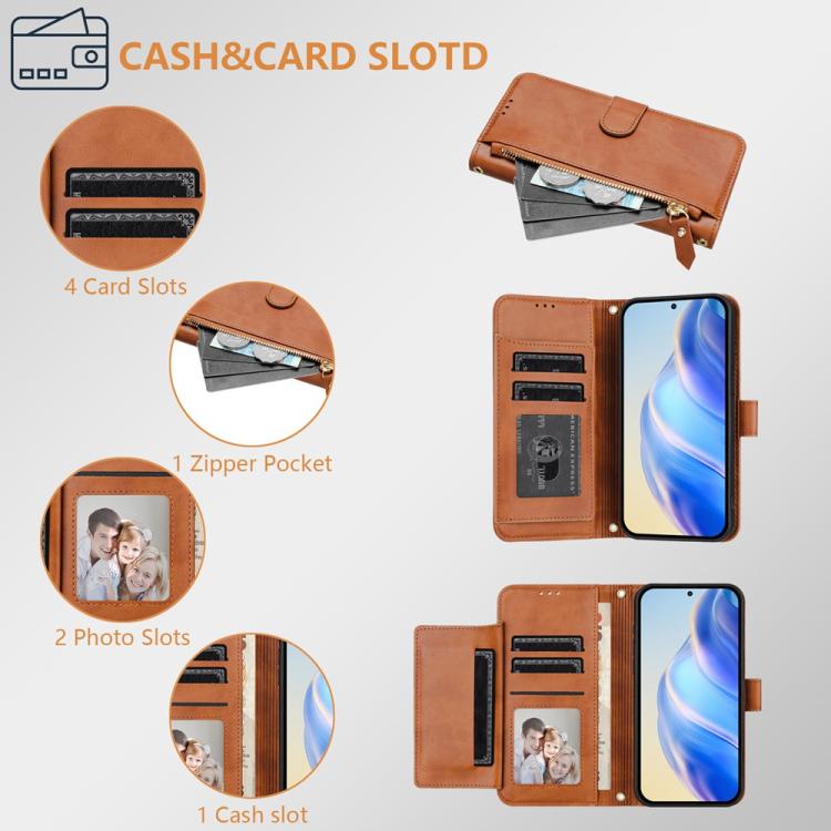 Funda de Cuero con Cremallera para Tecno Camon 40 4G con Ranuras y Billetera (Marrón)