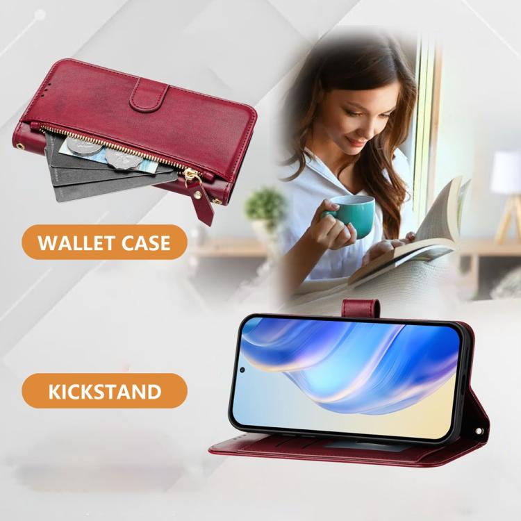 Funda de cuero con cremallera para Tecno Camon 40 Premier, con ranuras para tarjetas y billetera (rojo oscuro)