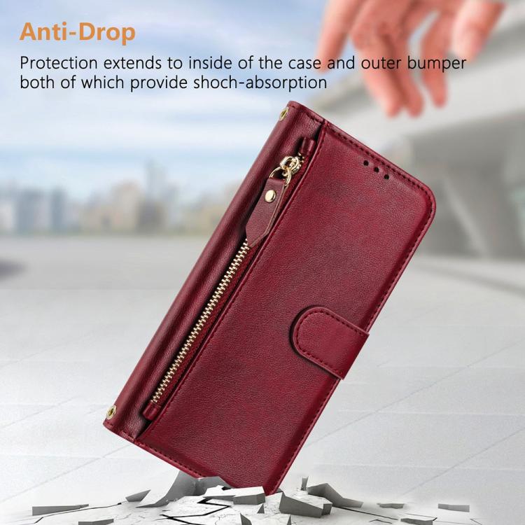 Funda de cuero con cremallera para Tecno Camon 40 Premier, con ranuras para tarjetas y billetera (rojo oscuro)