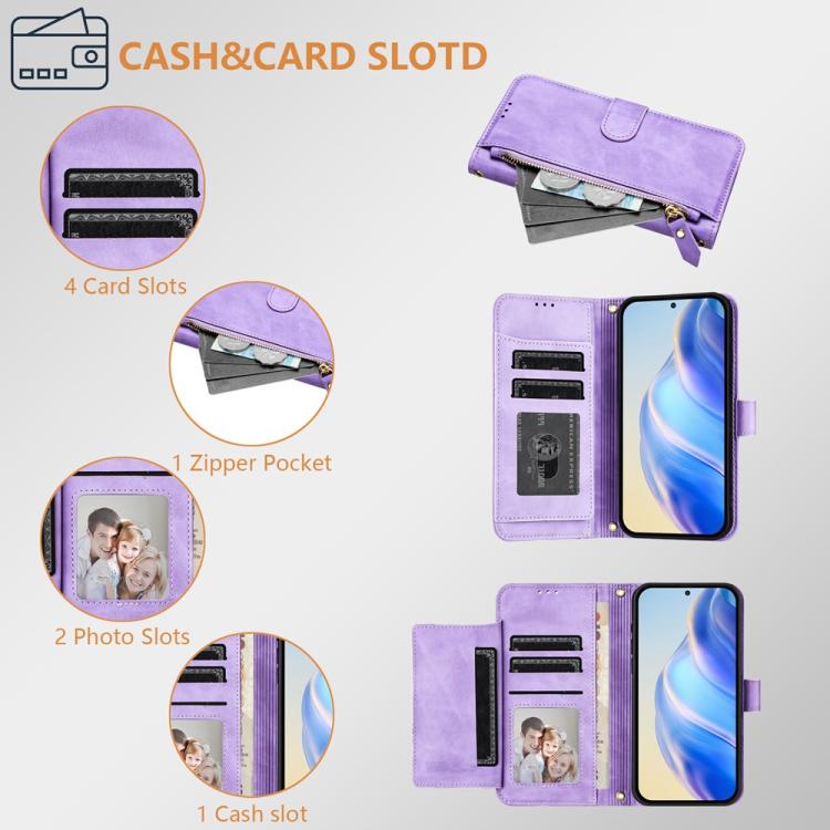 Funda de cuero con cremallera para Tecno Camon 40 Premier, con ranuras para tarjetas y billetera (morado)