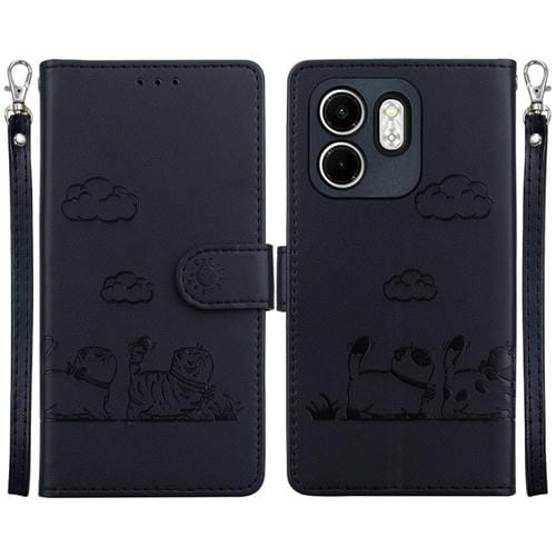 Funda de Cuero Rfid para Infinix Hot 50I Smart 9 con Diseño de Gatos (Negra)
