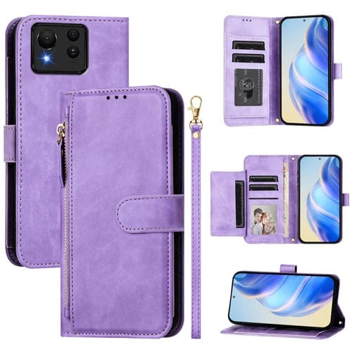 Funda de Cuero con Cremallera y Ranuras para Múltiples Tarjetas para Asus Zenfone 11 Ultra (Morado)
