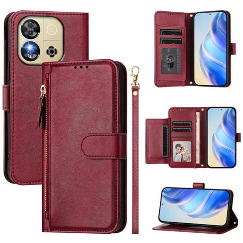 Funda de Cuero con Cremallera y Ranuras para Tarjetas para Oukitel C57S (Rojo Oscuro)