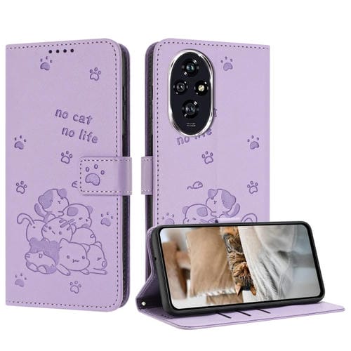 Funda de Cuero para Honor 200 5G con Diseño de Gatito en Relieve y Cordón (Morado)