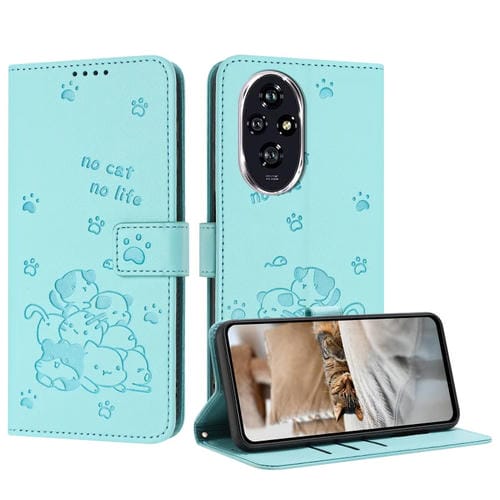 Funda de Piel para Honor 200 5G con Diseño de Gatito en Relieve y Cordón (Verde Menta)