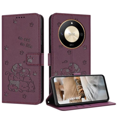 Funda de Piel con Diseño de Gatito en Relieve y Cordón para Honor X50/X9B (Rojo Vino)