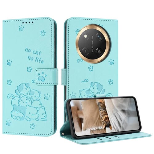 Funda de Piel para Honor X9C con Diseño de Gatito en Relieve y Cordón (Verde Menta)