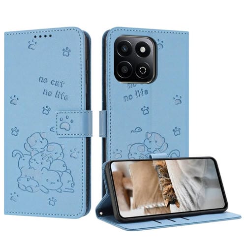 Funda de Cuero para Honor X7C 4G/200 con Diseño de Gatito en Relieve y Cordón (Azul)
