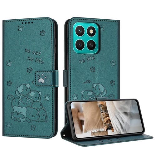 Funda de Piel para Honor X8C 4G con Diseño de Gatito en Relieve y Cordón (Verde Oscuro)