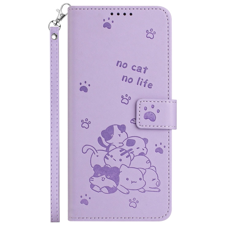 Funda de Piel iPhone 16E Forma de Gatito En Relieve con Cordón (Morado)