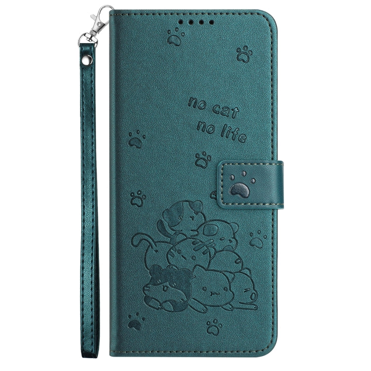 Funda de Piel para iPhone 16E Diseño de Gatito En Relieve con Cordón (Verde Oscuro)