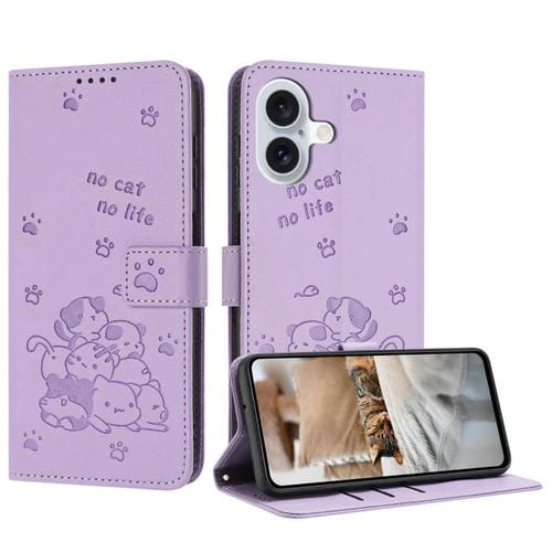 Funda de piel con diseño de gatito en relieve para iPhone 17 con cordón (morado)
