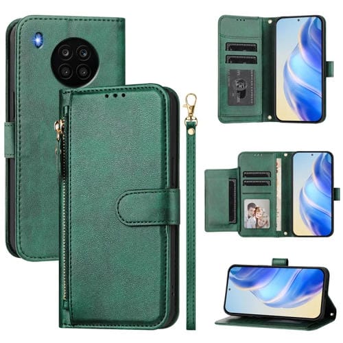 Funda de Cuero con Cremallera y Ranuras para Múltiples Tarjetas para Honor 50 Lite (Verde)