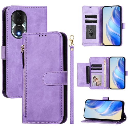 Funda de Cuero con Cremallera y Ranuras para Tarjetas para Honor 80 (Morado)