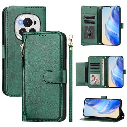 Funda de Cuero para Honor Magic6 Pro 5G con Cremallera y Ranuras para Tarjetas (Verde)