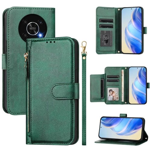 Funda de Cuero con Cremallera y Ranuras para Tarjetas para Honor X30 5G / X9 4G / X9 5G (Verde)