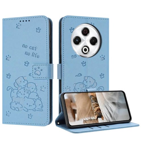 Funda de Cuero para Tecno Spark 30 4G con Diseño de Gatito En Relieve y Cordón (Azul)