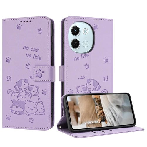Funda de Cuero para Tecno Spark 30 5G con Diseño de Gatito en Relieve y Cordón (Morado)