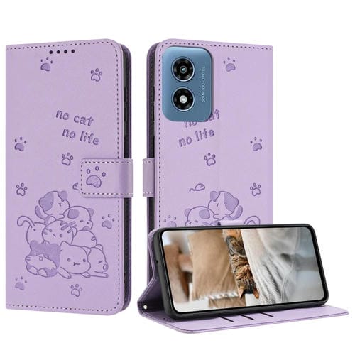 Funda de Cuero Motorola Moto G Play 4G (2024) con Diseño de Gatito En Relieve y Cordón (Morado)