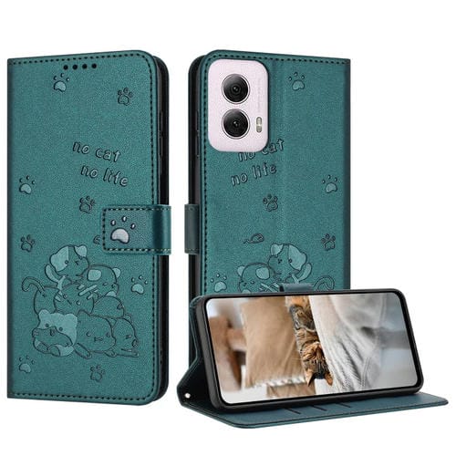 Funda de Cuero Motorola Moto G Power 5G (2024) con Cordón Diseño Gatito (Verde Oscuro)