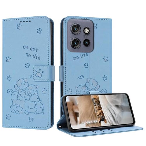 Funda de Cuero Motorola Moto G15 con Diseño de Gatito en Relieve y Cordón (Azul)
