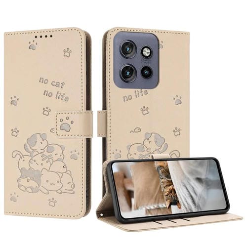 Funda de Piel para Motorola Moto G Power/G Play 2025 con Diseño de Gatito en Relieve y Cordón (Beige)
