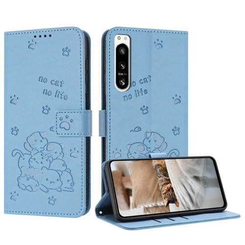 Funda de Cuero Sony Xperia 5 IV con Diseño de Gatito En Relieve y Cordón (Azul)