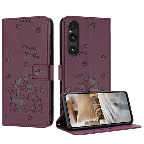 Funda de Cuero Sony Xperia 1 Vi con Diseño de Gatito En Relieve y Cordón (Rojo Vino)