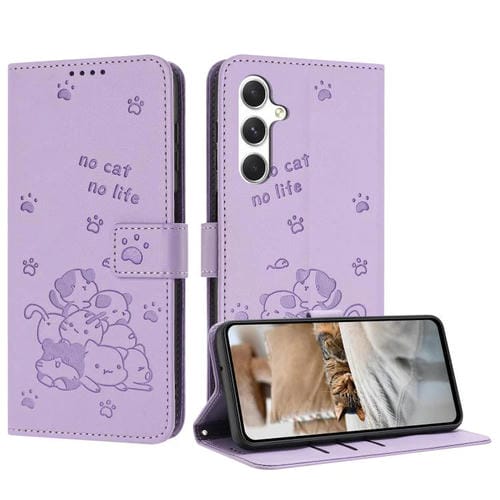 Funda de piel con diseño de gatito en relieve y cordón para Samsung Galaxy A17 5G/A26 5G (morado)