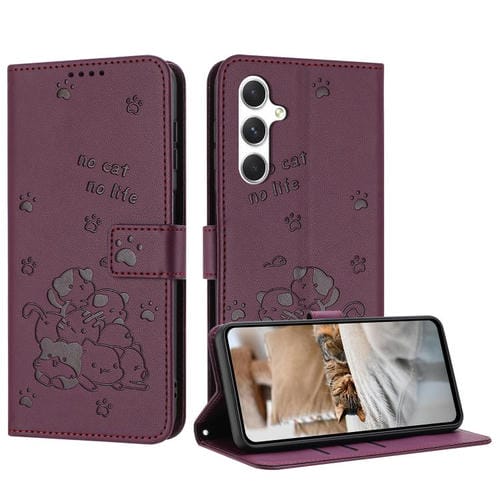 Funda de piel con diseño de gatito en relieve y cordón para Samsung Galaxy A17 5G/A26 5G (rojo vino)