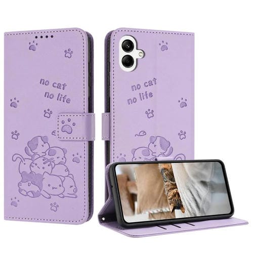 Funda de piel con diseño de gatito en relieve y cordón para Samsung Galaxy A07 4G (morado)
