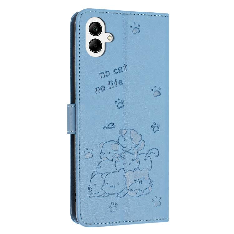 Funda de piel con diseño de gatito en relieve y cordón para Samsung Galaxy A07 4G (azul)