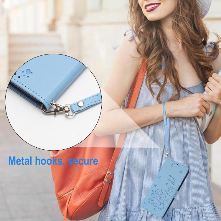 Funda de piel con diseño de gatito en relieve y cordón para Samsung Galaxy A07 4G (azul)
