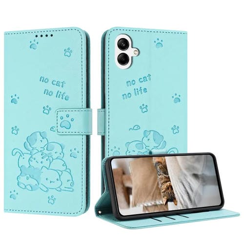 Funda de piel con diseño de gatito en relieve y cordón para Samsung Galaxy A07 4G (verde menta)