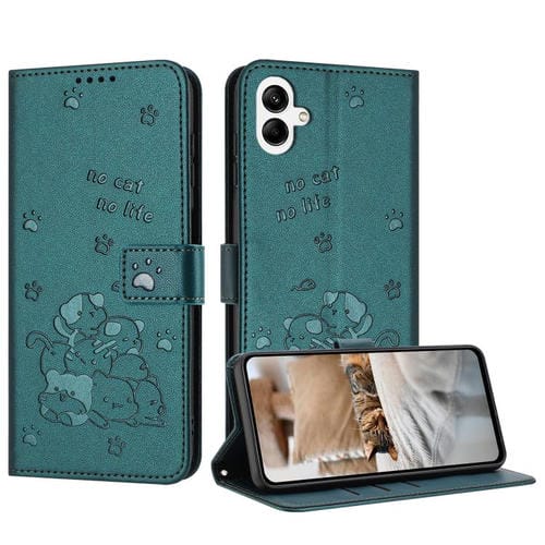 Funda de piel con diseño de gatito en relieve y cordón para Samsung Galaxy A07 4G (verde oscuro)