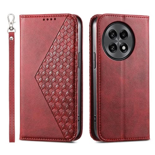 Funda Cuero Magnética Textura Piel Becerro Cuadrícula Cúbica para OnePlus 13R Ace 5 Ace 5 Pro (Rojo)