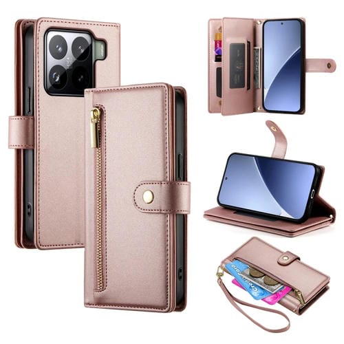 Funda De Cuero Con Cremallera Y Ranuras Para Tarjetas Para Xiaomi 15 Pro (Rosa)