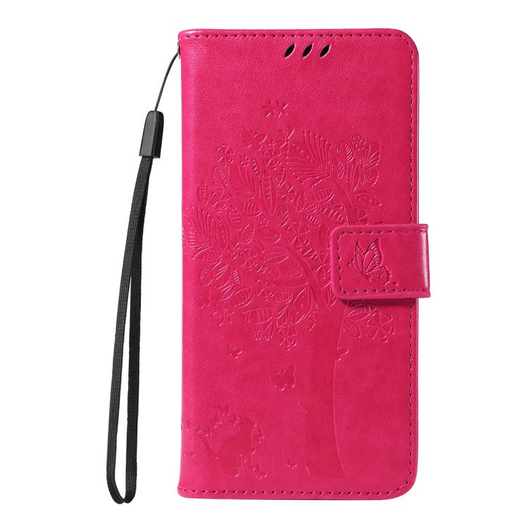 Funda de cuero con tapa y diseño de árbol y gato en relieve para Samsung Galaxy S25 FE 5G (rosa)