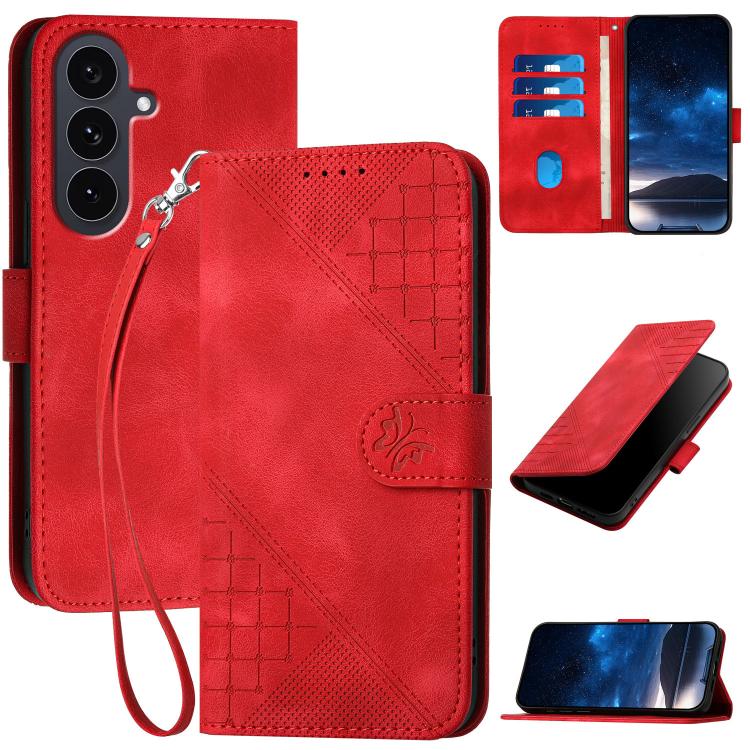 Funda de cuero con estampado de mariposas en relieve y cordón para Samsung Galaxy S25 FE 5G (roja)