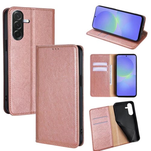 Funda magnética de cuero con acabado brillante y aceite para Samsung Galaxy A36 5G (oro rosa)