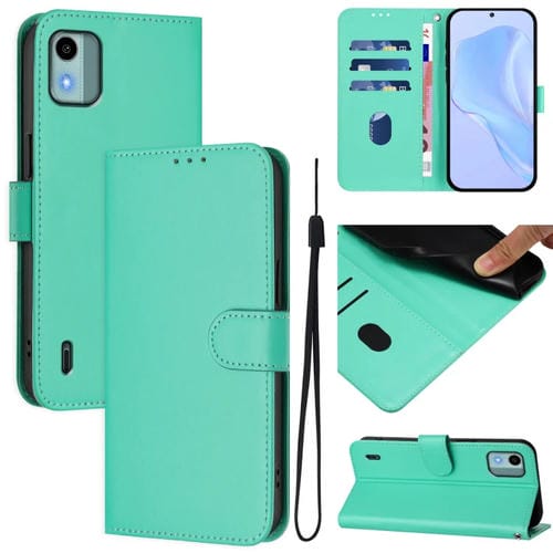 Funda de Piel con Cordón para Nokia C12 (Verde) Color Liso y Tacto Agradable