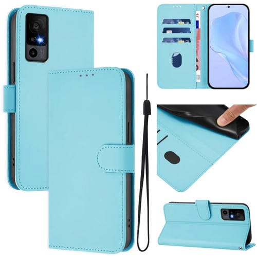 Funda de Piel para TCL 40 R 5G con Textura Liso y Cordón (Azul Cielo)