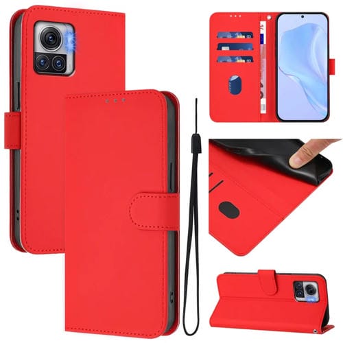Funda de Piel Sintética con Cordón para Motorola Moto X30 Pro 5G con Tacto de Piel (Rojo)