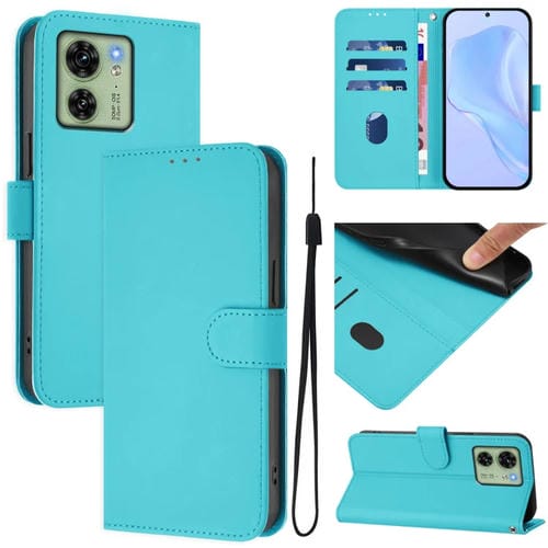 Funda de Piel con Cordón para Motorola Edge 40 5G con Tacto Piel (Azul Lago)