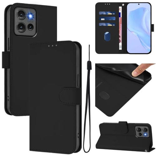 Funda de Cuero con Cordón para Motorola Edge 50 5G con Tacto de Piel (Negro)