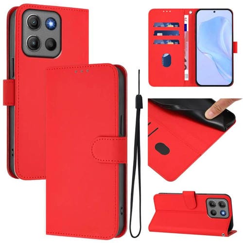 Funda de cuero con cordón para Motorola Moto G15 Power, color sólido y tacto suave (rojo)